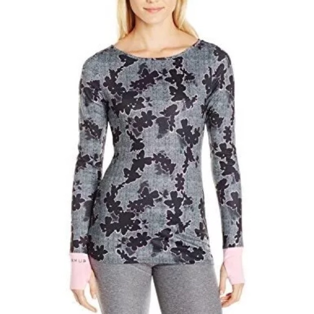 Jessica Simpson Black Floral “the Warm Up” Long Sleeve Compression Exercise Top